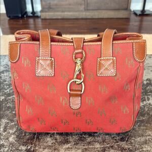 Dooney & Bourke Red Signature Jacquard and Leather Handbag 12x9x6"